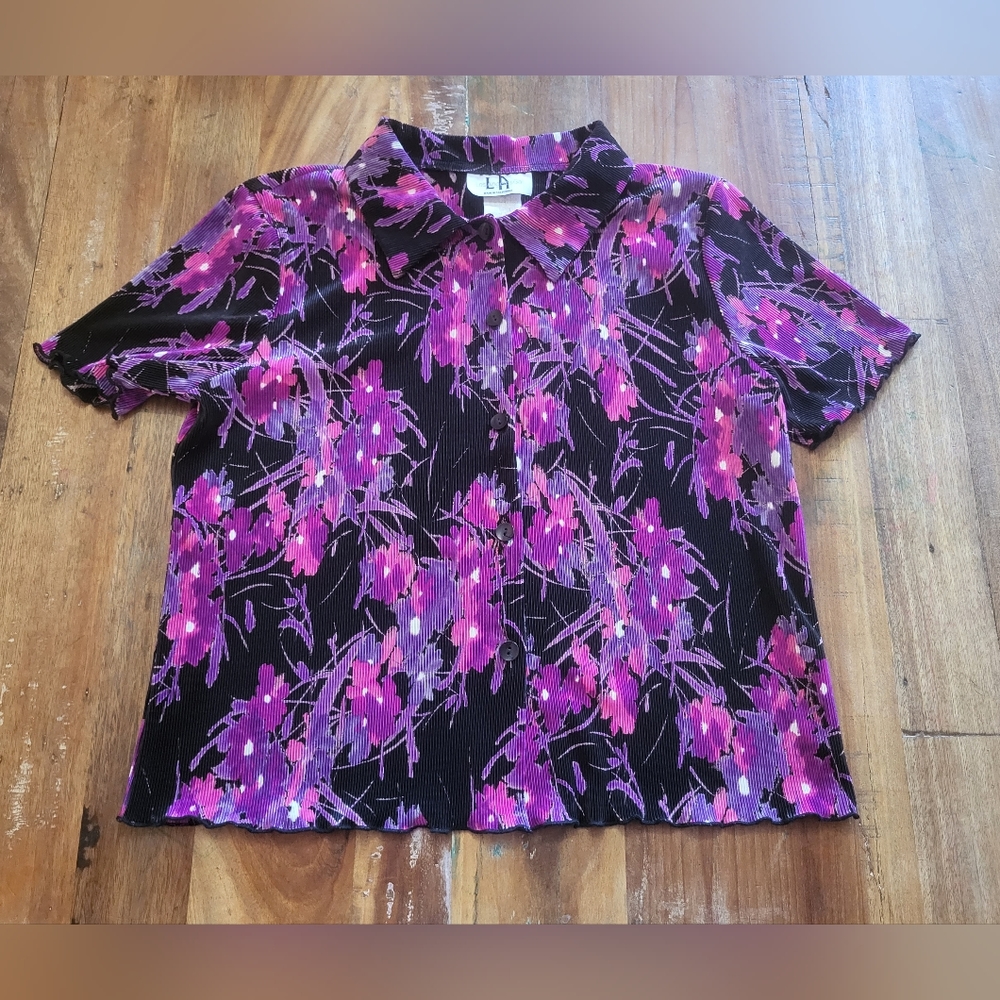 Los Angeles Gal Womens 14 Button Up Floral Textured Blouse Black Purple B6